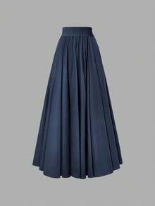 Elegant Women's A-Line Skirt, Suitable For Dates, Student Wear, Daily Travel, Versatile, Casual, Beach And Other Occasions. Elegant And Casual Women's A-Line Skirt, Solid Color, Waist-Shaping, Pleated Design, Woven Fabric, Available In Multiple Colors, Suitable For Outings And Can Also Be Worn As Loungewear. - Navy Blue - View 4