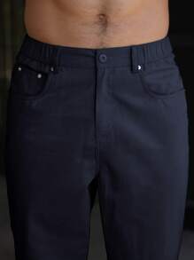 Manfinity Homme 男士简约前扣口袋休闲长裤，日常穿着，秋季 - 藏蓝色 - 查看 7