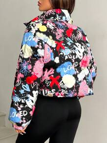 SHEIN EZwear Women's Winter Fashion Graffiti Printed Padded Coat
