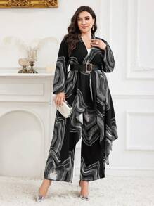 Modelyn Plus Size Swirl Print Jacket And Pants 2 Pieces Set, Casual, Autumn 2 Pieces Set - Black and White - View 3