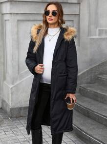 SHEIN Maternity Winter Casual Drawstring Waist Patch Pocket Fluffy Hooded Long Coat - Black - View 7