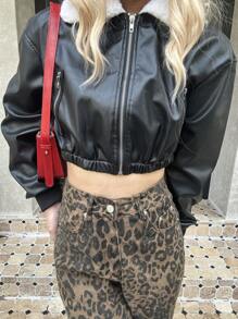 Chiquease Sheepskin Collar Patchwork Black Leather Motorcycle Short Jacket - Black - View 5