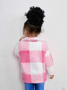 女婴毛绒格子翻领夹克，适合户外、秋冬季、圣诞节 - 粉色 - 查看 2