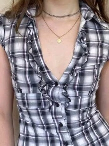 INAWLY 女士格子印花荷叶边前襟纽扣衬衫，配飘逸袖子