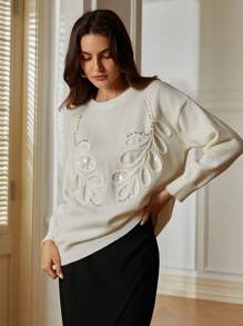 Aveloria Rosie Áo len dài tay dáng rộng, cổ tròn, kiểu Pháp, tay dài, thêu tay thủ công, đính ngọc trai giả và sequin, thích hợp cho mùa thu đông. - trắng - Xem 6