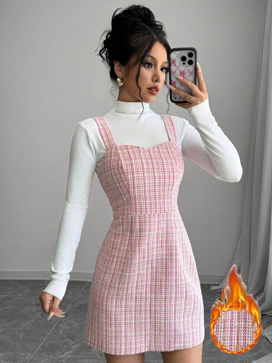 Selianne Women's Pink Plaid Simple Casual Dress Mini Short Women Outfit - Pink - View 1