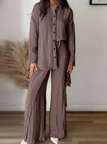 SHEIN LUNE 2 件套女士纯色宽松落肩长袖衬衫和阔腿裤休闲西装套装，春秋