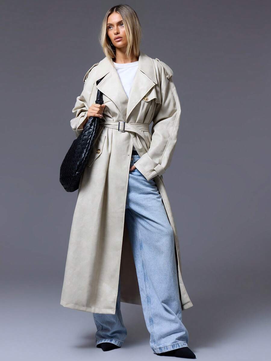 MUSERA PU Leather Lapel Collar Buckle Belted Trench Coat - Apricot - View 1