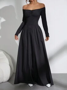 SHEIN Black Friday x Star Picks SHEIN Unity Gaun Off-Shoulder Minimalis Elegan Lengan Panjang Warna Polos dengan Detail Kerut, Kasual untuk Pemakaian Sehari-hari - Hitam - View 3