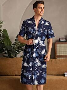 男士全印花系带短袖家居服、日常休闲服 - 藍色 - 查看 1