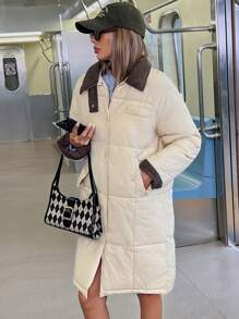 Aveloria Affinna 秋冬装女式格子绗缝长款夹棉外套，采用天鹅绒设计和撞色块口袋