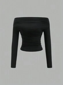 Sweetra Casual Solid Color Off Shoulder Gathered Fitted Blouse, Autumn - Multicolor - View 5