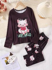 2pcs Tween Girl Cute Cat Pattern Long Sleeve Top And Leopard Cat Print Pants Homewear Set - Multicolor - View 1