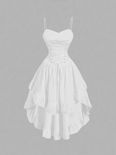 SHEIN MOD Plus Size  Women's Solid Color Sweetheart Neckline Cross Tie Rod Ruffle Edge Asymmetric Vintage Hem Dress,Graduation White Dress,Graduation Dress,Birthday Dresses For Women