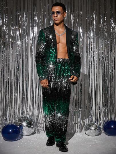 Manfinity Fever City 2pcs Men's Knit Casual Loose Fit Sequins Decor Blazer Jacket & Elastic Waist Pants Suit Set