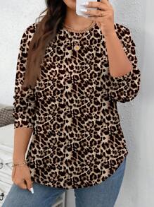 SHEIN LUNE 休闲豹纹图案加大码宽松套头衫，秋冬 - 白色 - 查看 4