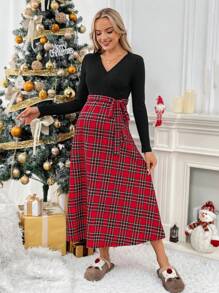 SHEIN Maternity Solid Color Splice V-Neck Simple Casual Dress, Long Sleeve - Multicolor - View 3