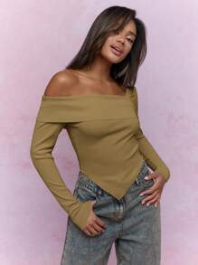 MISSGUIDED 不对称领口罗纹露肩头巾下摆长袖上衣 - 卡其色 - 查看 1