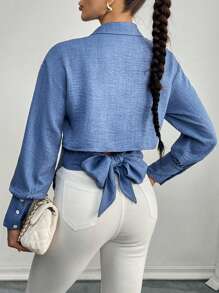 SHEIN Unity Women's Bow Back Long Sleeve Blouse - Dusty Blue - View 5