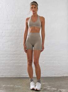 Musera Sport Top deportivo corto con cuello de halter, para pádel, tenis, pickleball, gimnasio y fitness - Marrón - Ver 4