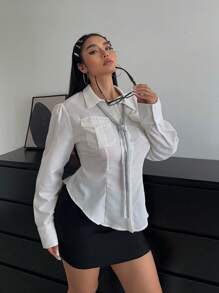 Flirla Chemise blanche unie à manches longues avec poche pour femmes grandes tailles - Blanc - Voir 4