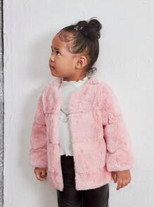 SHEIN 1pc Baby Girl Warm Fluffy Long Sleeve Coat, Pink, Autumn/Winter - Pink - View 4