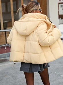 GENKIRA Áo khoác phao cổ cao rộng rãi màu trơn có mũ trùm đầu, áo khoác đệm đa năng thường ngày mùa đông - Màu be - Xem 1