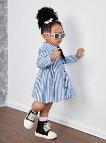 Bubblio Baby Girl Woven Long Sleeve Striped Collared Fitted Casual Dress (Tie Not Included) - Blue - View 9
