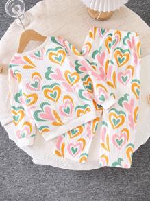 SHEIN Bộ 2 món/Bộ áo len dệt kim in hình trái tim và quần dài cho bé gái, trang phục thường ngày ấm áp và thoải mái cho mùa thu đông - màu đen - Xem 2
