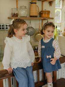 SHEIN 2pcs Young Girls White Shirt And Blue Pants Set, Casual Countryside Suitable For Spring And Autumn - Black - View 3