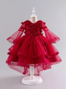 Glamorique Kids 年轻女孩圣诞节儿童派对装奢华度假休闲网纱薄纱拖尾 3D 花卉个性喇叭袖公主裙 - 酒紅色 - 查看 1