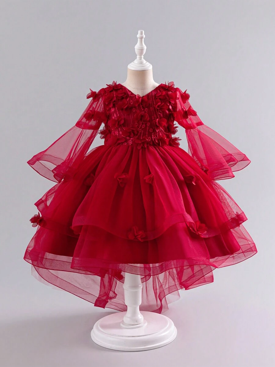 Glamorique Kids 年轻女孩圣诞节儿童派对装奢华度假休闲网纱薄纱拖尾 3D 花卉个性喇叭袖公主裙 - 酒紅色 - 查看 1