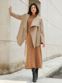 SHEIN Privé 法式时尚优雅商务专业风格缺口领系带长袖常规版型风衣 - 卡其色 - 查看 2