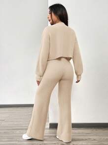 SHEIN EZwear 秋冬季女士休闲纯色长袖针织开衫两件套 - 卡其色 - 查看 2