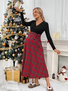 SHEIN Maternity Solid Color Splice V-Neck Simple Casual Dress, Long Sleeve - Multicolor - View 7