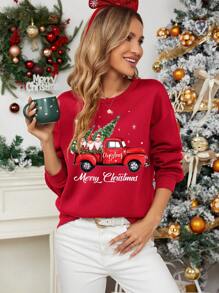 SHEIN LUNE Áo nỉ dày in hình xe tải Giáng sinh tối giản và vẽ tay cỡ lớn dành cho nữ vào mùa thu/đông - Đỏ - Xem 4