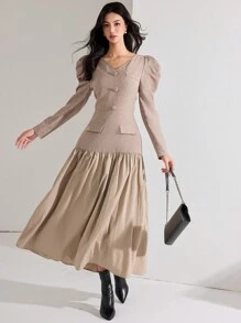 Modelyn 1pc Women's Elegant Contrast Color Block Gigot Sleeve Dress, Autumn Long Evening Dresses