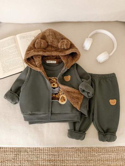 SHEIN Leap Crew 3 件套男婴/女婴可爱卡通图案拼布蓬松连帽夹克，厚羊毛运动衫和裤子 3 件套，适合秋冬户外、滑雪