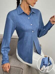 SHEIN Unity Women's Bow Back Long Sleeve Blouse - Dusty Blue - View 6