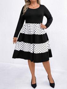 SHEIN Clasi Plus Size Mid-Length Contrast Polka Dot Print Slimming Dress - Multicolor - View 7