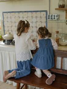 SHEIN 2pcs Young Girls White Shirt And Blue Pants Set, Casual Countryside Suitable For Spring And Autumn - Black - View 2