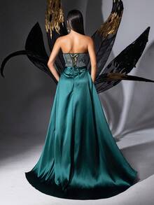 QOQ Charming Dark Green Rhinestone Pleated Split Bodice Women Gown Dresses Suitable For Banquets, Parties - Dark Green - View 2