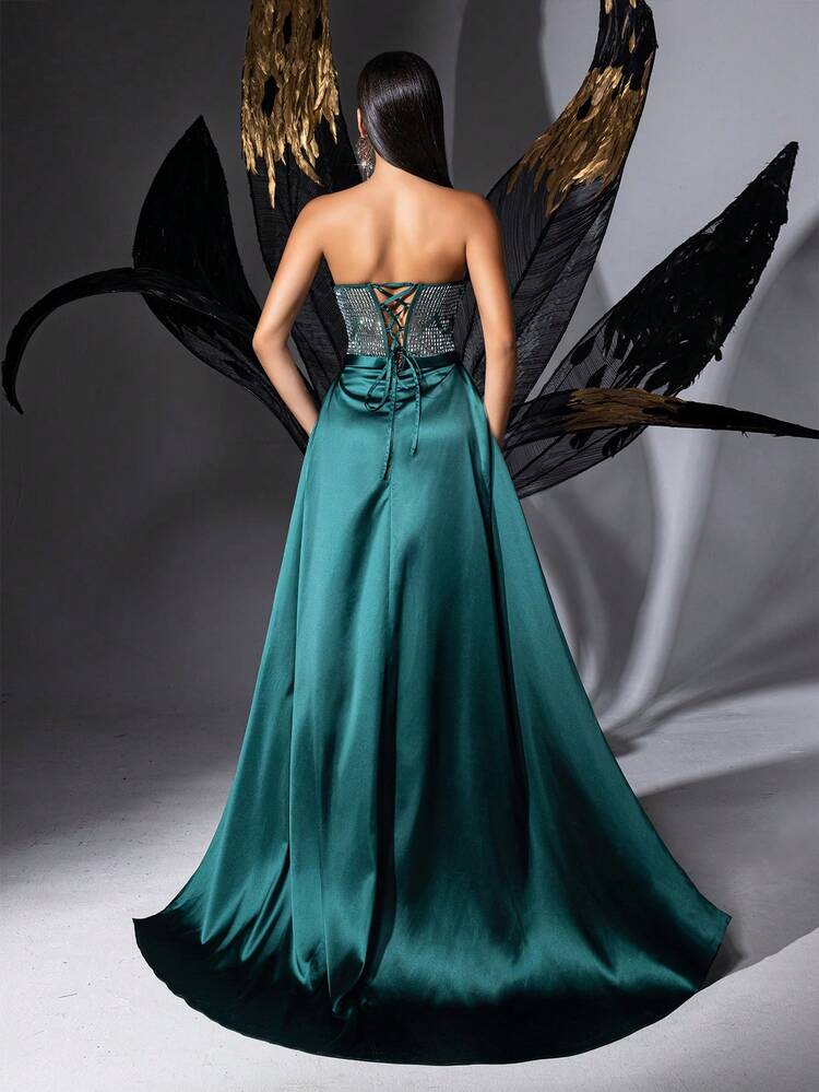 QOQ 迷人的深绿色水钻褶皱开叉紧身女式礼服适合宴会、派对 - 墨綠色 - 查看 2