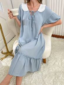 Camisón oversize de manga corta con lazada en la cintura y volantes de color contrastante - Multicolor - Ver 4