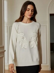 Aveloria Rosie Áo len dài tay dáng rộng, cổ tròn, kiểu Pháp, tay dài, thêu tay thủ công, đính ngọc trai giả và sequin, thích hợp cho mùa thu đông. - trắng - Xem 4