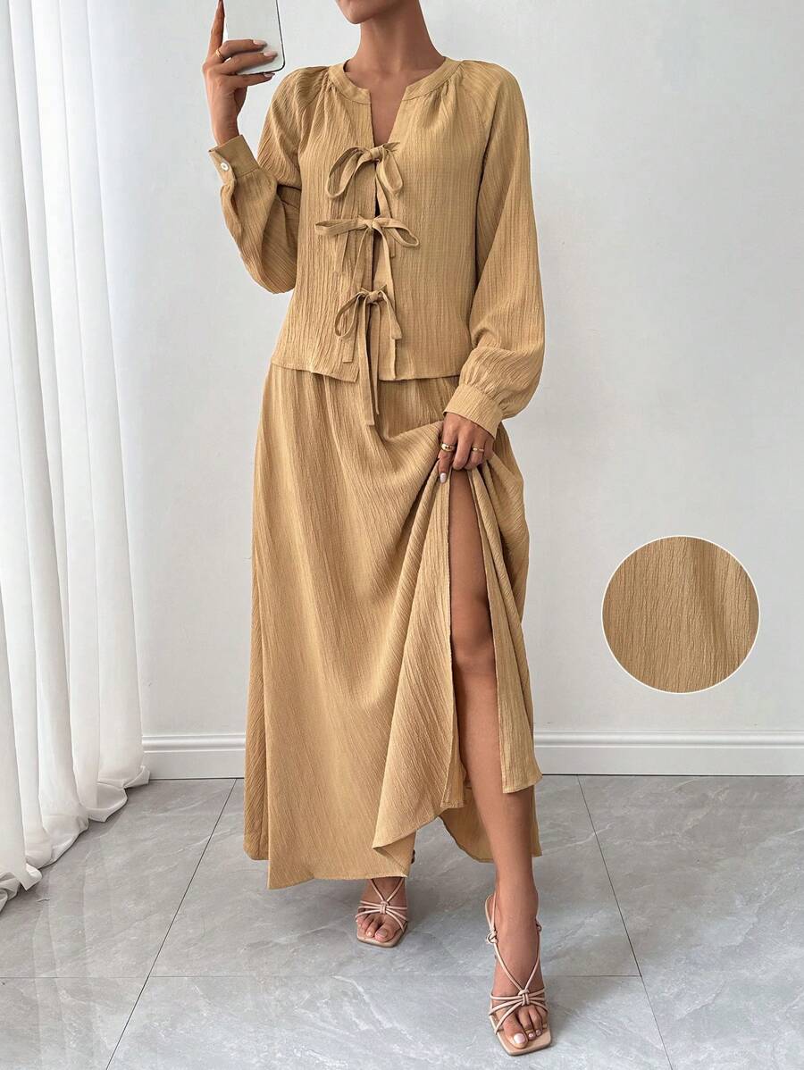 SHEIN Unity 2 件套女士简约休闲日常系带纹理上衣和开衩下摆裙子套装,秋季 - 杏色 - 查看 1