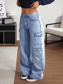 SHEIN Tall Front Button Closure Multi-Pocket Simple Design Casual Cargo Jeans - Blue - View 4