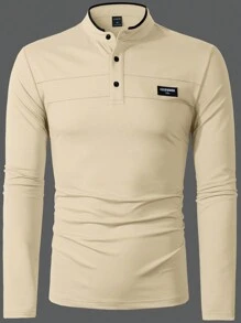 Manfinity Homme 男士休闲字母印花长袖 Polo 衫，适合通勤、秋季 - 杏色 - 查看 3