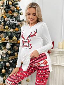 SHEIN Maternity Christmas Lettered Side Slit Long Sleeve Shirt And Christmas Red Leggings 2pcs Set, Autumn - Multicolor - View 5