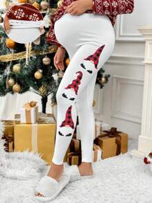 SHEIN Maternity Adjustable Waist Casual Christmas Cartoon Print Leggings - White - View 1